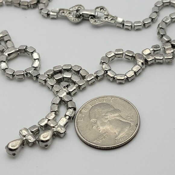 Vintage 50s 60s Rhinestone Bow Tennis Necklace 15" Silver Tone Clear Crystal - Picture 10 of 10